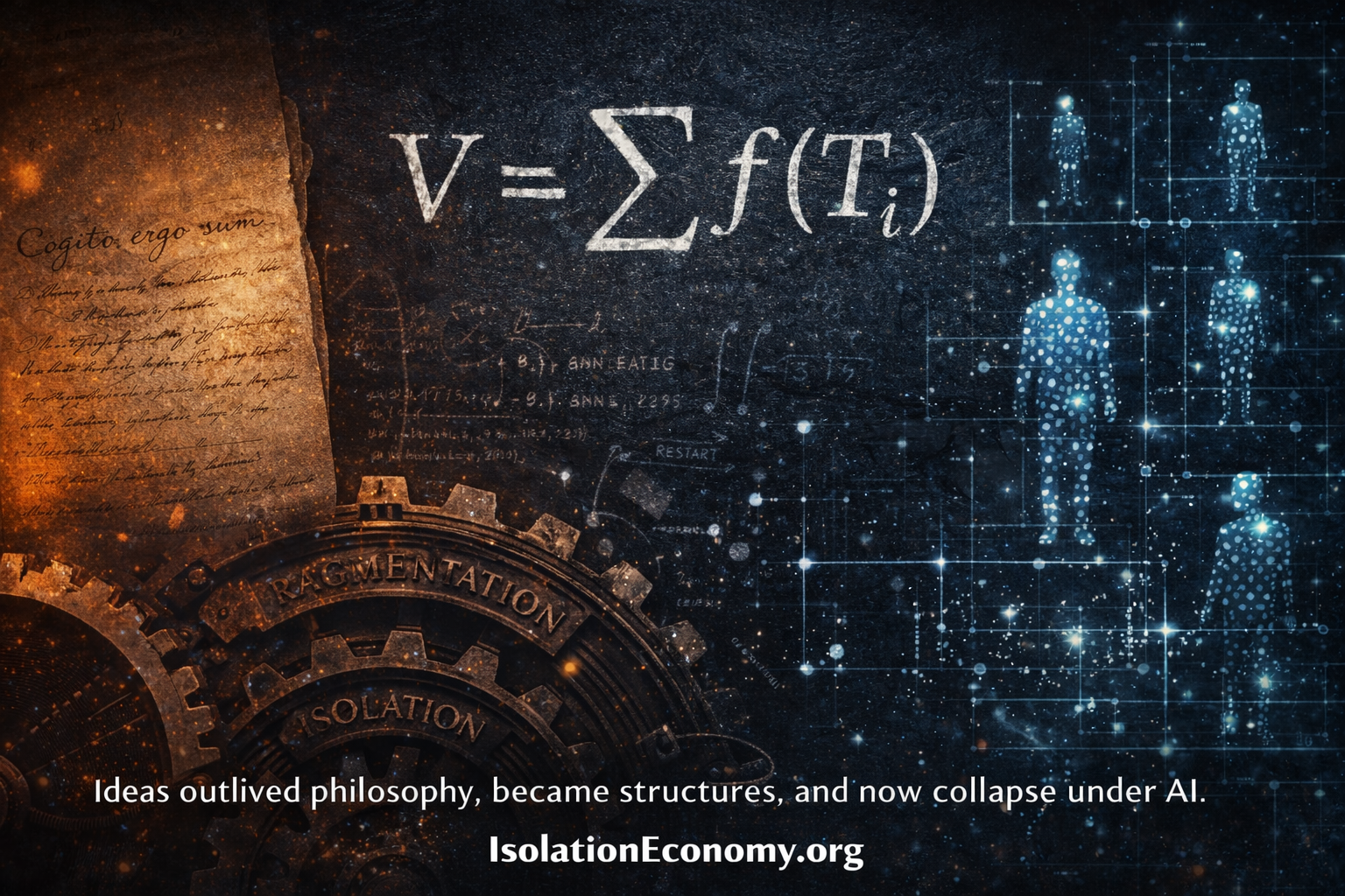 Isolation Economy formula V = Σ f(Tᵢ) showing how Descartes' Cogito ergo sum became an economic mechanism through fragmentation and isolation, with digital human figures reduced to data points.