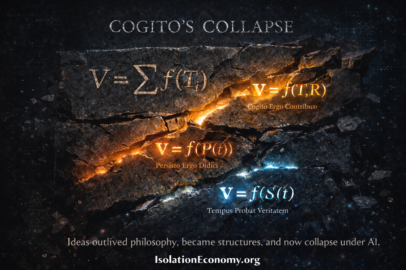 Cogito's Collapse – the isolation economy formula V = Σ f(Tᵢ) breaking apart, revealing three new value equations: V = f(T,R) for Cogito Ergo Contribuo, V = f(P(t)) for Persisto Ergo Didici, and V = f(S(t)) for Tempus Probat Veritatem.