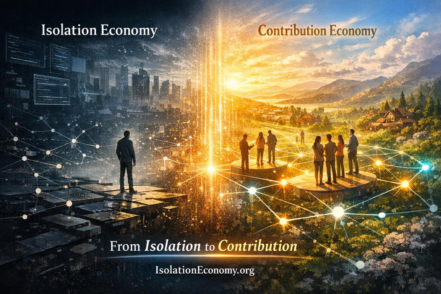 From Isolation Economy to Contribution Economy – a solitary figure in a dark fragmented city contrasted with connected people in a warm landscape, visualizing the shift from isolated data points to relational networks.